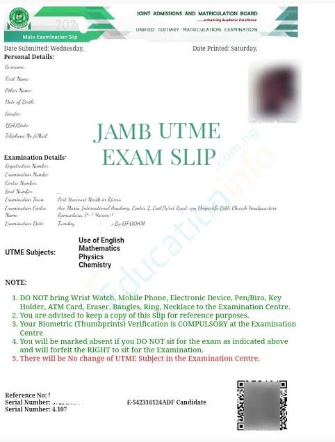 JAMB exam slip 