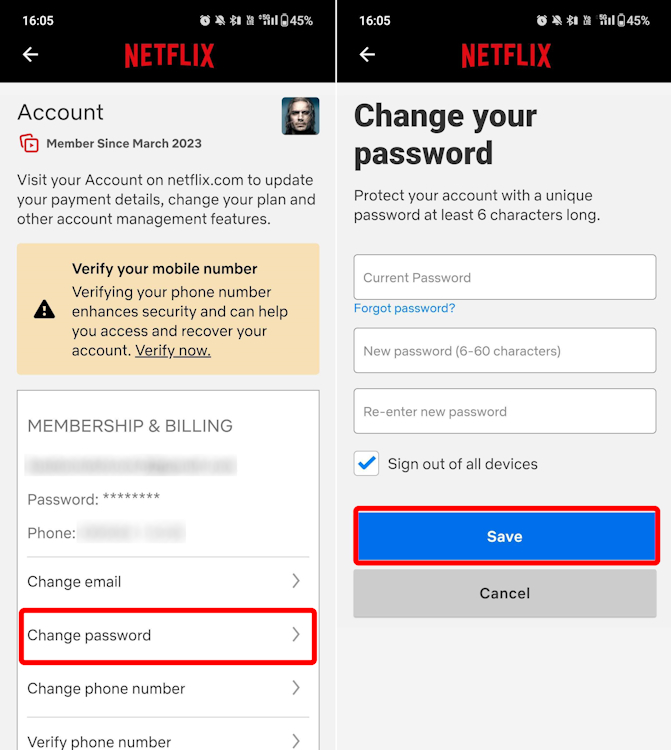 How to change Netflix password on phone