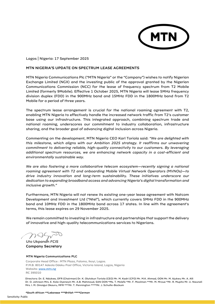 MTN Nigeria announces a new spectrum lease agreement with T2 Mobile