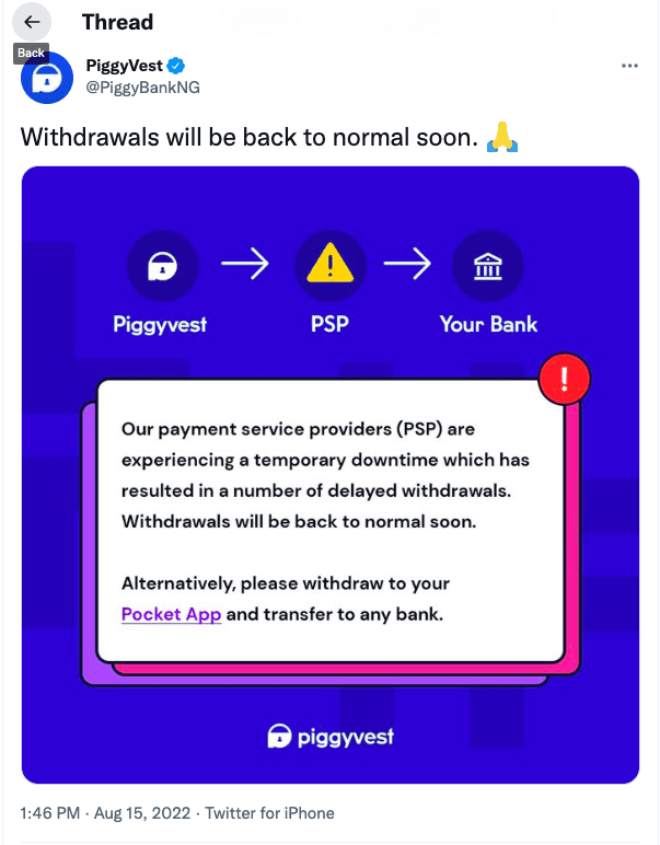 Piggyvest has Fixed Withdrawal Issues with PocketApp