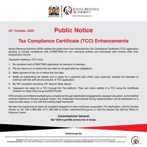 KRA Gives New Requirements for Tax Compliance