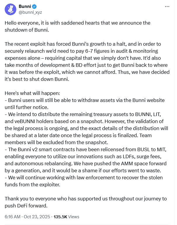 Bunni DEX Shuts Down
